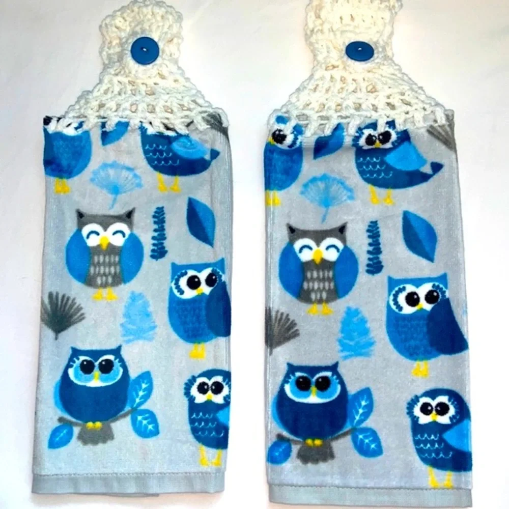 Hand Crafted New Crochet Top Hanging Owls Kitchen Dish or Bathroom Hand Towels - Picture 1 of 4